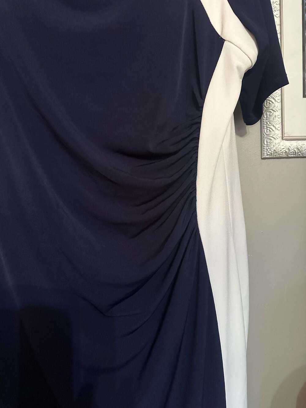Glamour Navy and White Colorblock Midi Dress with Side Ruched Detail - Picture 3 of 8